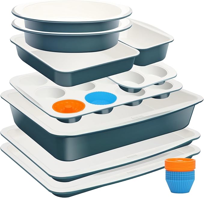 Ymiton Ceramic Nonstick Baking Pans Set, Non Toxic 33 PCS Stackable Bakeware Sets, 550°F Oven Safe Baking Sheet & Pans, Warp-Free, Dishwasher Safe, PTFE/PFOA/PFOS-Free (Blue)