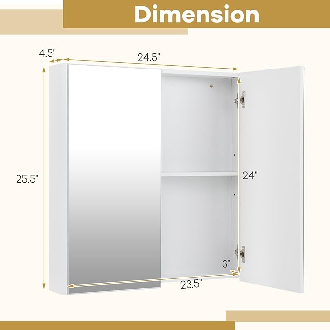 Tangkula Mirrored Medicine Cabinet, Bathroom Wall Hanging Cabinet with Double Mirrored Doors & Adjustable Shelf, Wall-Mounted Bathroom Storage Organizer, White, 24.5 x 4.5 x 25.5 Inches