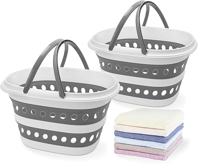 2 Pack Compact Collapsible Laundry Basket, Small Size Pop-Up Hamper Perfect for Bedroom Side,Bathroom,Travel, Not for Large Families, Foldable with Handle, Measures 16 x 12.5 x 9.5 In, (Gray)