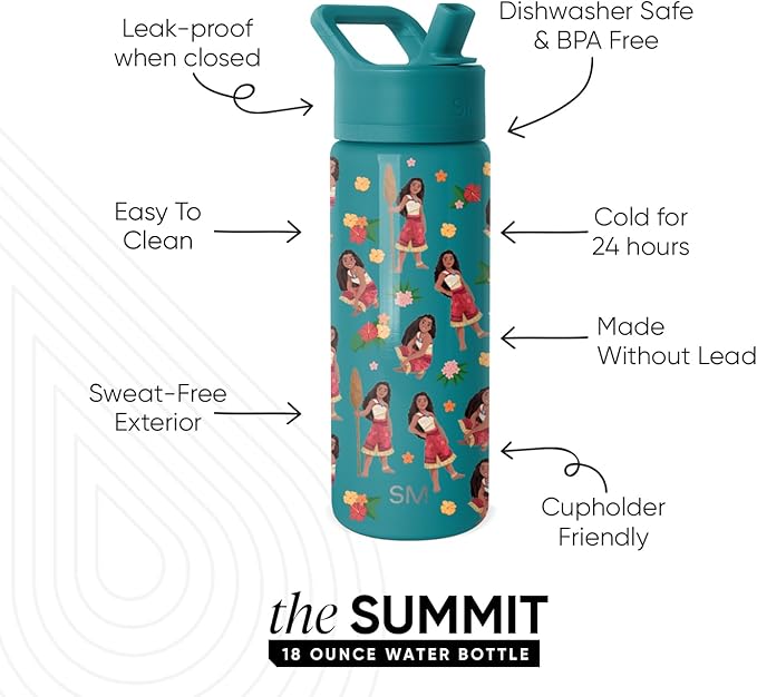 Simple Modern Kids Summit Water Bottle with Straw Lid | Disney Moana 18oz Stainless Steel Cup Insulated Tumbler for Girls, School | Moana Oceana