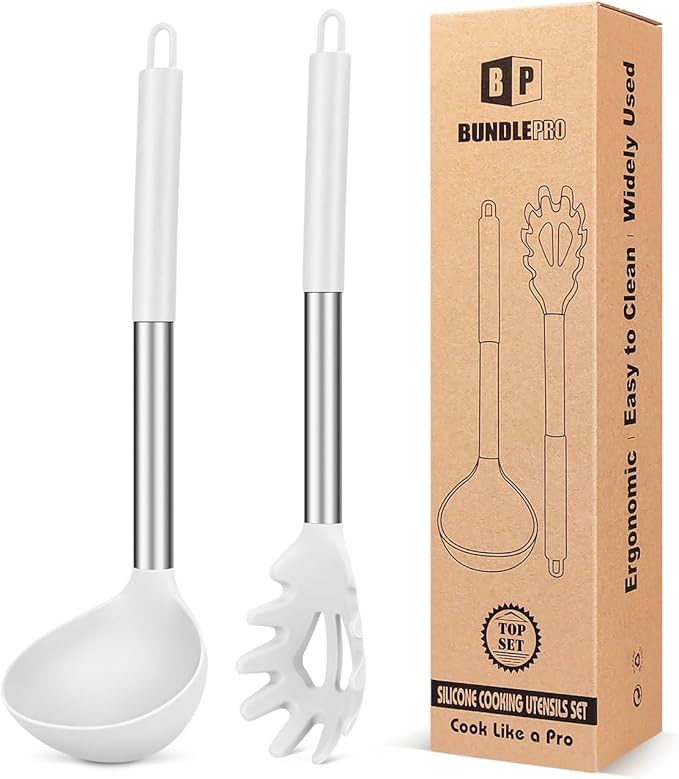BUNDLEPRO Silicone Pasta Fork and Soup Ladle Spoon Set, 2 Pack, Pink