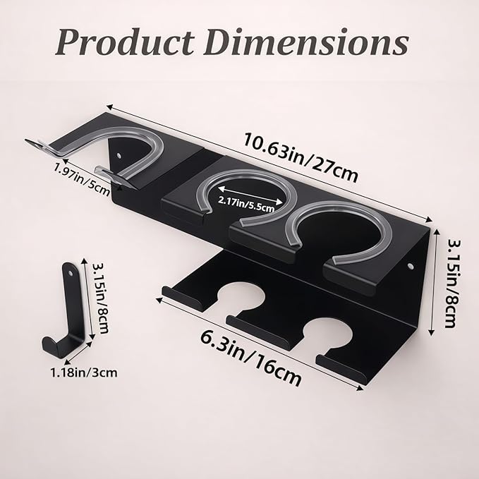 Hair Tool Organizer, Stainless Steel Hair Dryer and Straightener Holder, Curling Iron Holder Wall Mount 3-in-1 Storage for Bathroom, Hair Dryer Holder Black BANJEKT