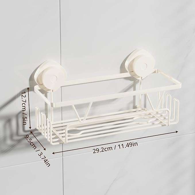 KEGII Shower Caddy Suction Cup with Hooks, Large Capacity Shower Suction Shelf, Heavy Duty Bathroom Organizer, No Drilling Stainless Steel Shampoo Holder for Bathroom Storage, Cream White