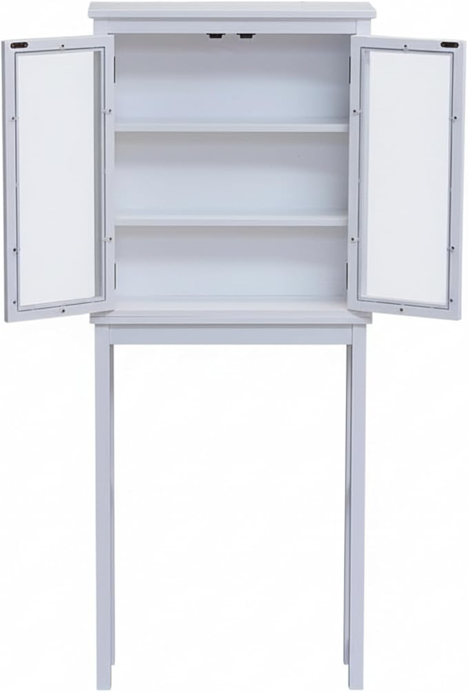 Alaterre Furniture Dorset Over-The-Toilet Storage Cabinet with Tempered Glass Doors – White Wood Bathroom Space Saver Organizer with Adjustable Shelves, Hutch & Wall Mount Hardware