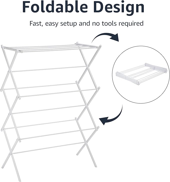 Amazon Basics Foldable Portable Clothes Drying Rack for Indoor Air Drying, Collapsible Design, 14.5" D x 29.5" W x 41.8" H, White