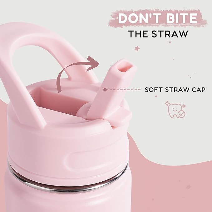 12oz Kids Water Bottle for School, Toddler Bottles with Straws, Stainless Steel Vacuum Insulated Water Bottle for Boys&Girls, Leak-Proof, BPA-Free, Pink
