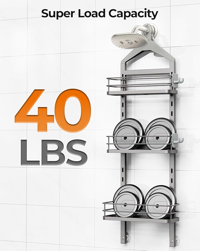 ODesign 3 Tier Height-Adjustable Shower Caddy Hanging Anti-Swing-Over The Shower Head Caddy-Showe r Storage Organizer Bathroom Shelves Basket Caddies-Grey