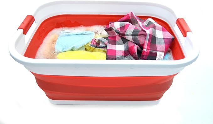 SAMMART 41L (10.8 gallon) Collapsible Plastic Laundry Basket-Foldable Pop Up Storage Container/Organizer-Portable Washing Tub-Space Saving, Water capacity: 32L (8.4 gallon) (Rectangular, Red)