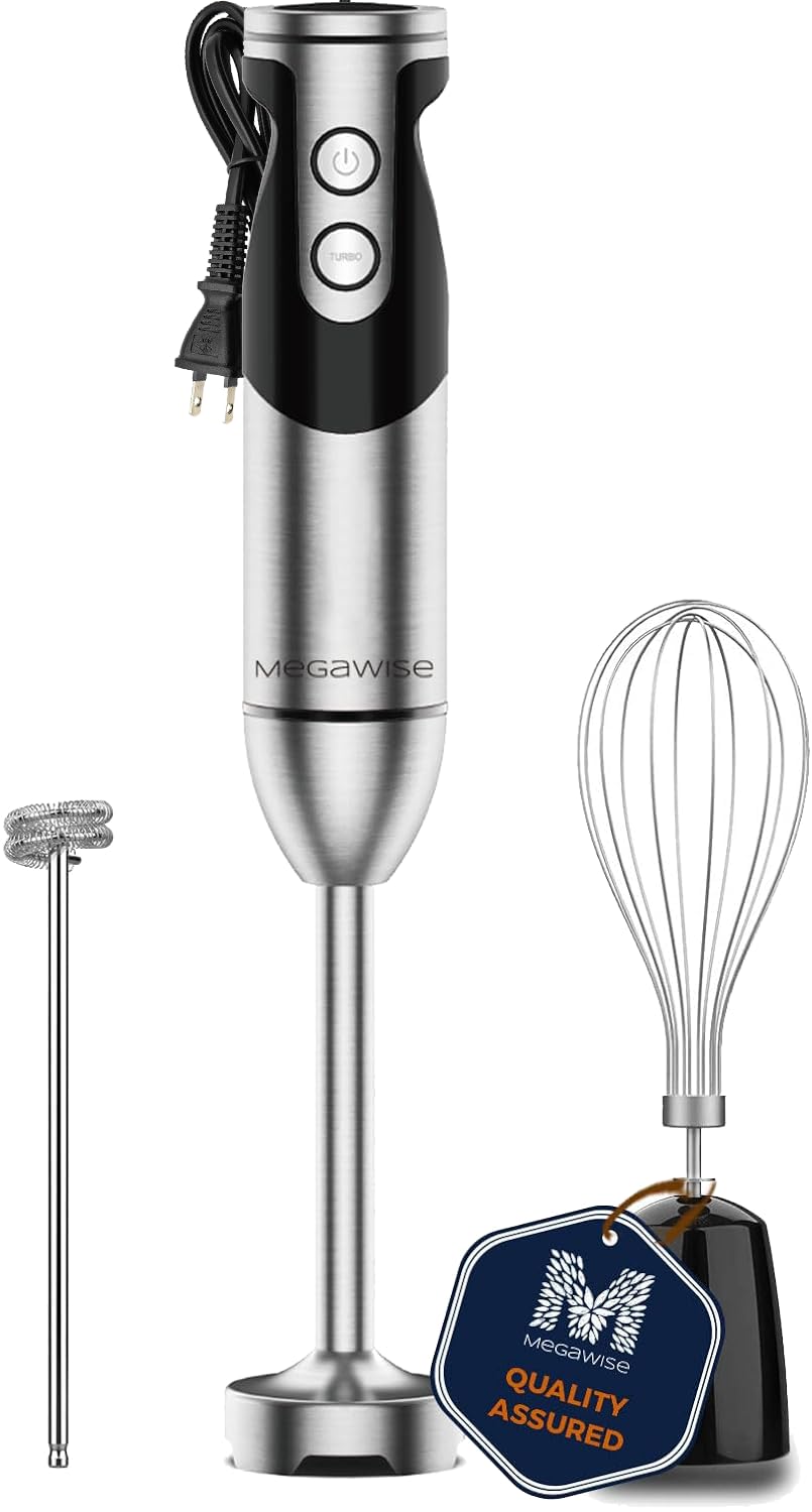 MEGAWISE 3-in-1 Immersion Hand Blender, 12 Speeds, Titanium Blades, Black