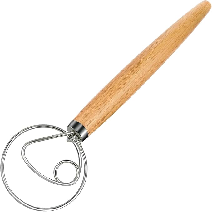 ANMIOU Danish Dough Whisk Dutch Bread Mixer Stainless Steel Hook Wooden Handle Baking Tools for Sourdough Pizza Pastry Cake Batter Making