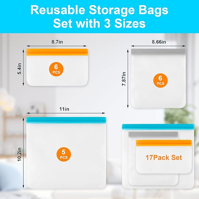 17 Pack Reusable Freezer Bags Dishwasher Safe, Leakproof Food Storage Bags, Silicone Bags for Food Storage Home Organization (6 Reusable Snack Bags 6 Sandwich Bags 5 Gallon Freezer Bags)