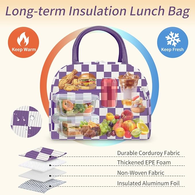 Coobiiya Lunch Bag Lunch Box for Women Men, Cute Corduroy Lunch Tote Bags Insulated Reusable LunchBox Large Capacity Cooler Bag for Work Travel Picnic Purple