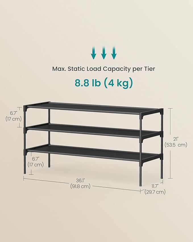 SONGMICS Shoe Rack, 3-Tier Shoe Storage Organizer, Space-Saving, 11.7 x 36.1 x 21 Inches, Entryway, Metal Frame, Non-Woven Fabric Shelves, Ink Black ULSH033BH01