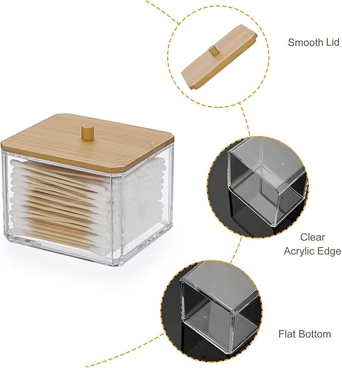 Hipiwe Acrylic Q-Tip Holder Dispenser with Lid Clear Plastic Bathroom Canisters Square Apothecary Jar Set Cotton Swab and Ball Storage Organizer for Cotton Round Pads, Floss