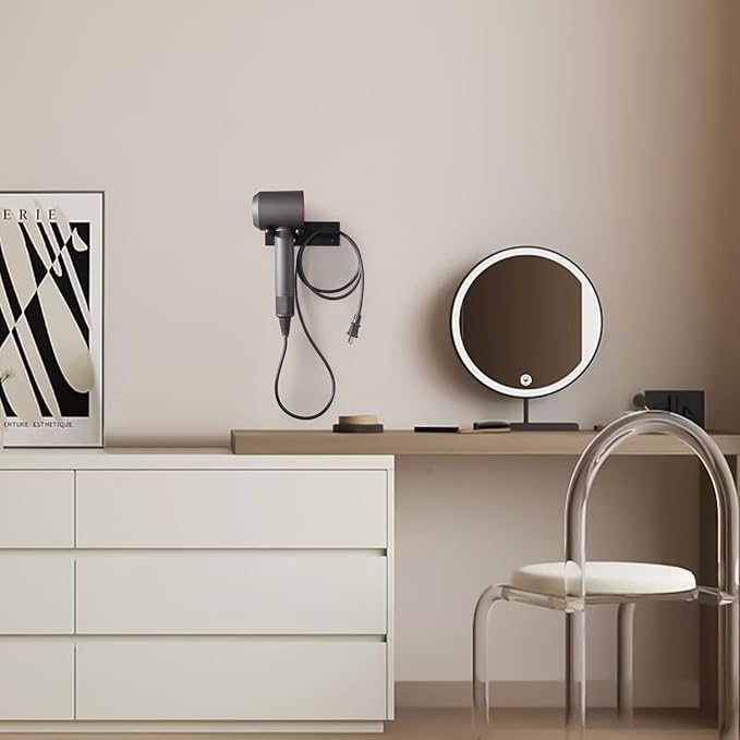 Hair Dryer Holder Wall Mounted, Self Adhesive Blow Dryer Holder Hair Dryer Organizer Hair Dryer Holder Wall Mounted Compatible with Dyson Blow Dryer Black Banjekt