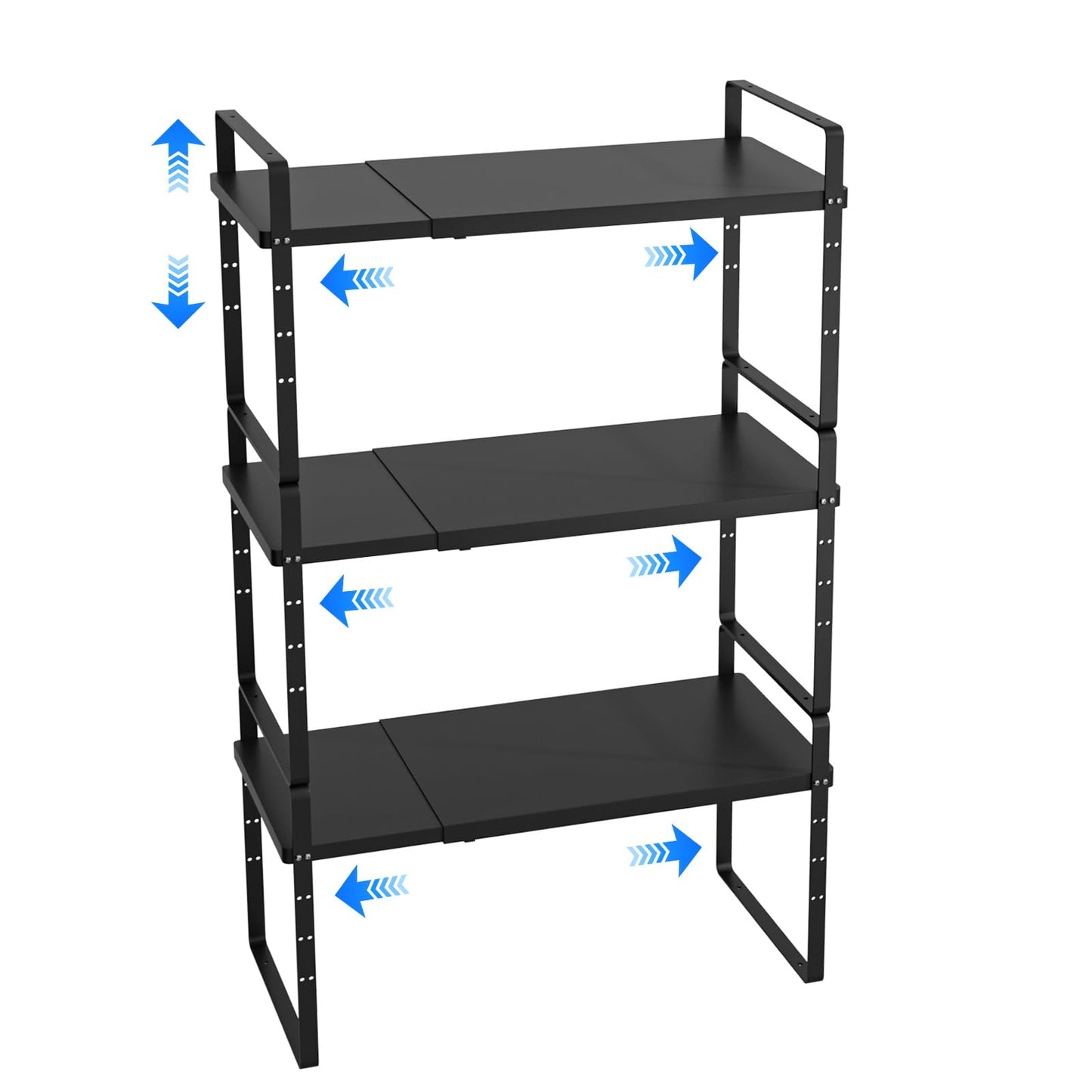 KIKIBRO Expandable Cabinet Shelf Organizer, Stackable Kitchen Pantry Counter Storage, Adjustable Closet Cupboard Stand Rack Risers Spice Organization 80LBS Heavy Duty Black Large 2 Pack