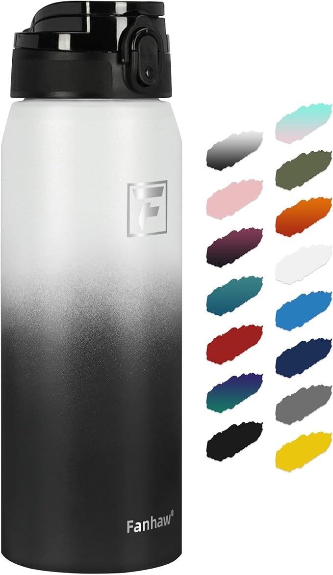 Fanhaw 24 oz Insulated Stainless Steel Water Bottle with Anti-Dust Chug Lid, Leakproof Vacuum Metal Bottle for Kids, Women & Men (White Black)