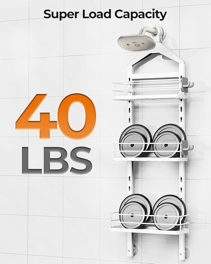 ODesign 3 Tier Height-Adjustable Shower Caddy Hanging Anti-Swing-Over The Shower Head Caddy-Storage Organizer Bathroom Shelves Basket - White
