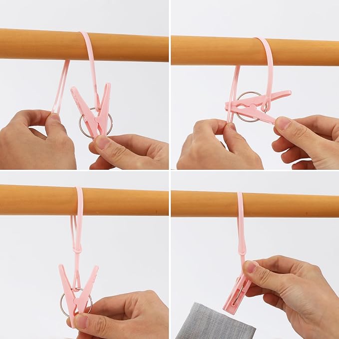 24 Pack Plastic Clothes Pins Heavy Duty Outdoor for Hanging Clothes,Mini ClothesPins with Hanging Rope,Hangers with Clips, Bag Clips,Photo Clips Craft Clips