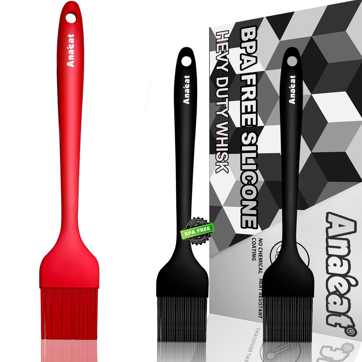Anaeat High Heat Resistant Silicone Basting Pastry Brush Set of 3- Hygienic One-Pieces Design Spread Oil Butter for BBQ Grill Barbecue Baking Kitchen Cooking - BPA Free & Dishwasher Safe (10"+8.2")