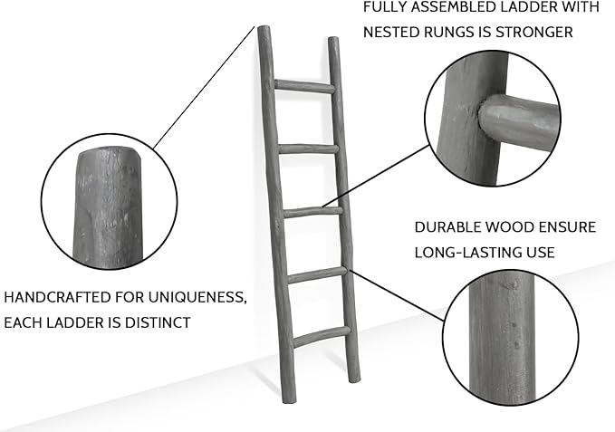 FUIN Fully Assembled 57in Wood Blanket Ladder Living Room Decorative Wall Leaning Farmhouse Quilt Display Holder Rustic Wooden Towel Rack for Bathroom, Dark Gray