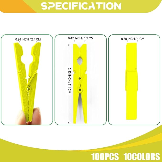 Colored Clothes Pins Wooden 100 Pack, Colored Clothespins Wood, Clothes Clips for Craft Classroom, 2.9 Inch, Yellow