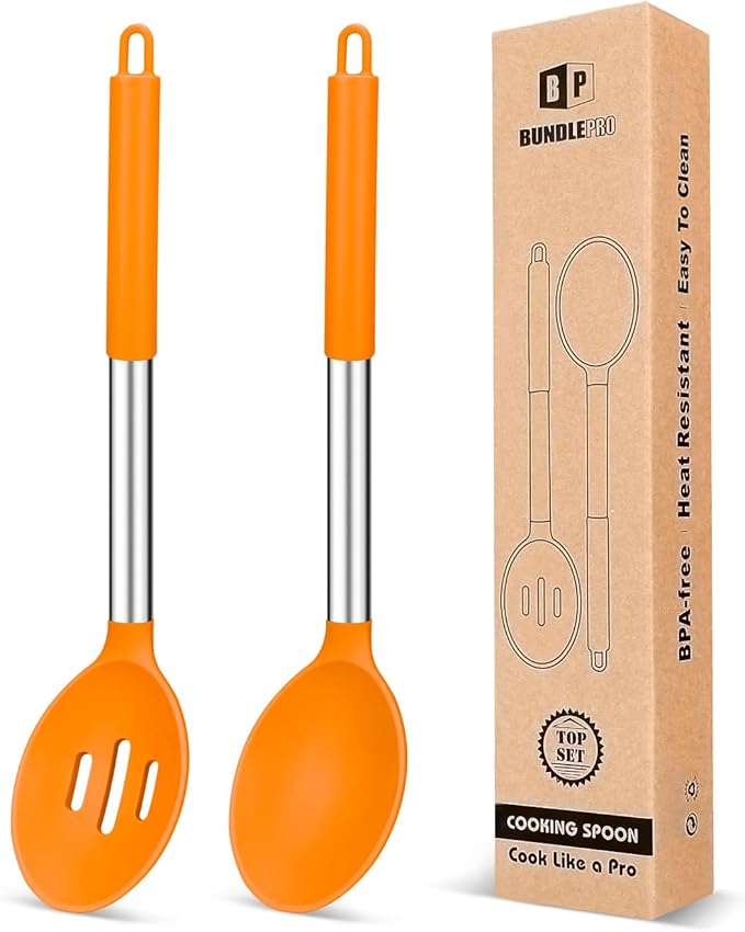 BUNDLEPRO Silicone Cooking Spoons for Nonstick Cookware, 2 Pack, KHAKI