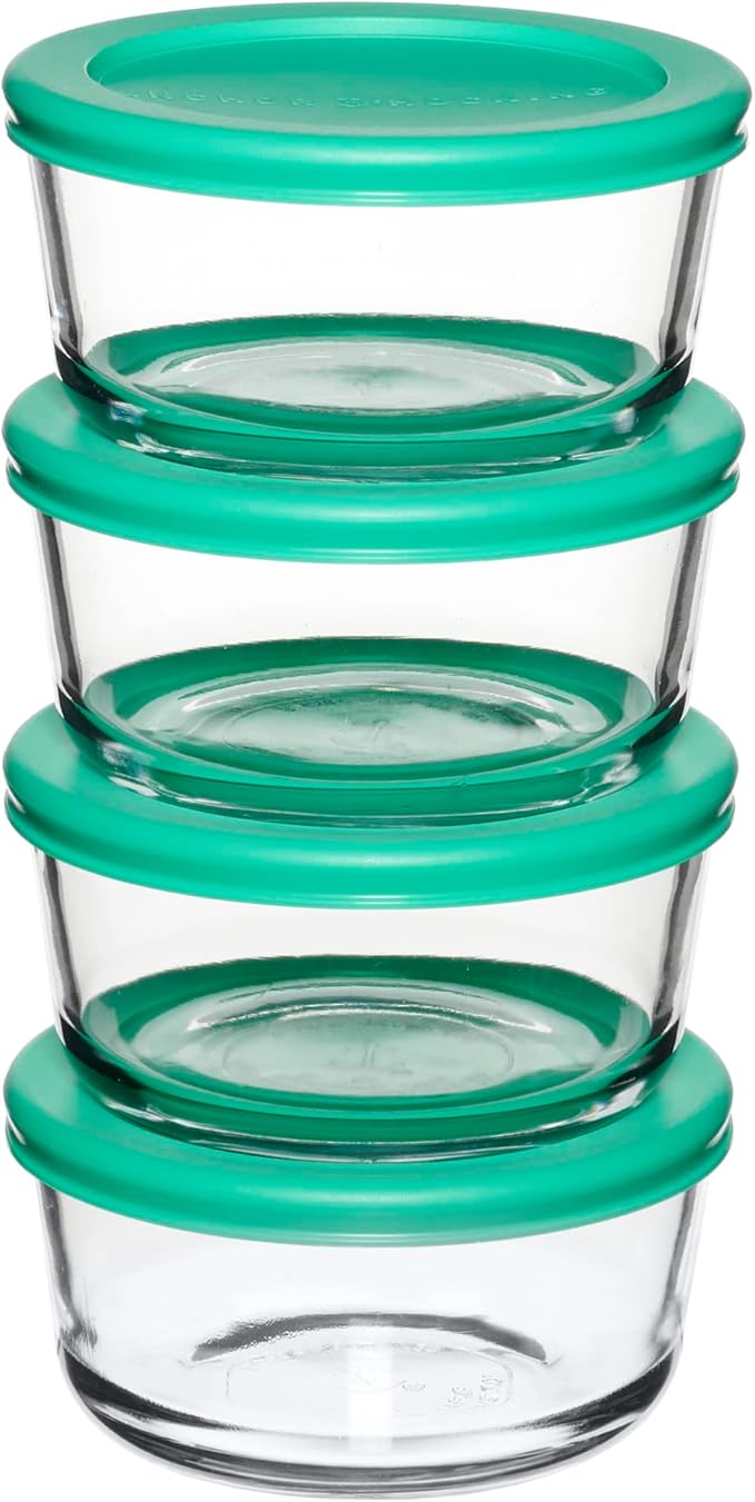 Anchor Hocking 2 Cup Glass Storage Containers with Lids, Set of 4 Glass Food Storage Containers with Mint SnugFit Lids (Pack of 2)