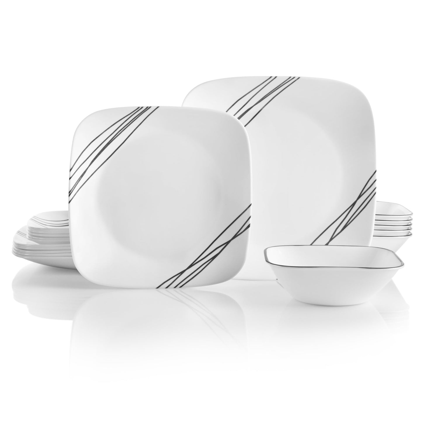 Corelle Vitrelle 18 Piece Glass Dinnerware Sets Rectangular Square Plate and Bowl Set Service for 6, Triple Layer Chip & Crack Resistant Glass Plate and Bowl Sets, Wandering Grove