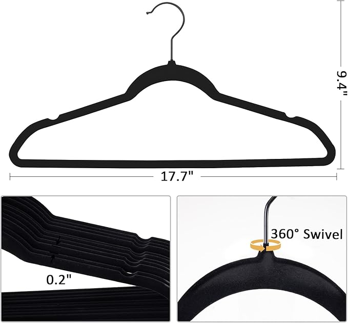 Pack of 60 Velvet Hangers, Space-Saving Heavy Duty Clothes Hangers for Suit, Non-Slip, 0.2 Inches Slim, 17.7 Inches Wide, 360° Swivel Black Hook - Black