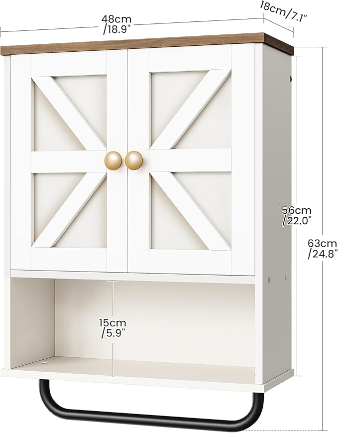 Bathroom Wall Cabinet, Medicine Cabinet with Open Partition and Towel Bar, Rustic Storage Cabinet with Open and Hidden Storage Space, for Bathroom, Living Room, Kitchen, White and Walnut