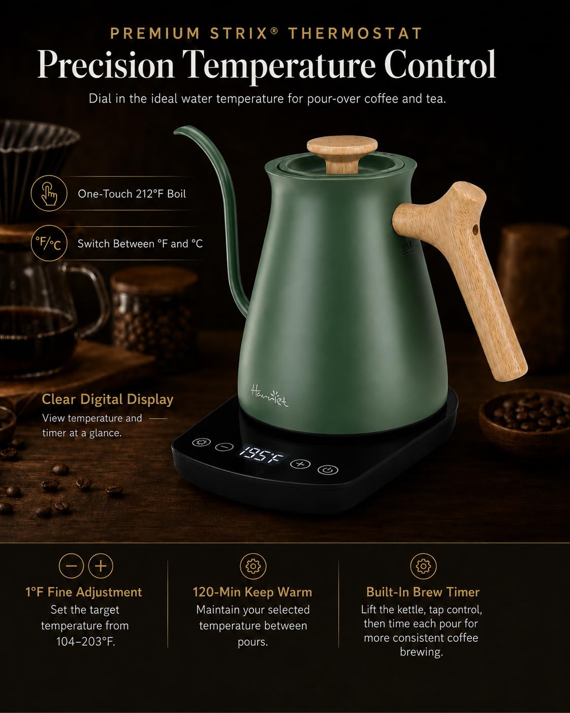 Harriet Gooseneck Electric Kettle, 1°F Control, Brew Time, 0.8L
