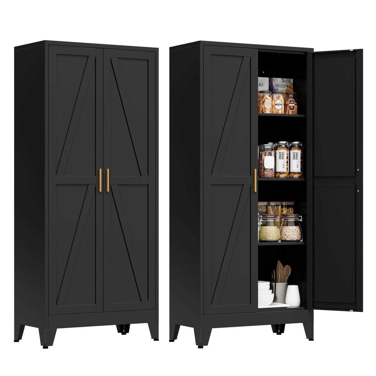 XIOMIOHTRQ 61" Tall Metal Pantry Cabinet, Kitchen Storage Cabinet with 2 Doors and 3 Adjustable Shelves for Kitchen, Living Room, Dining Room, Bathroom and Home, Office