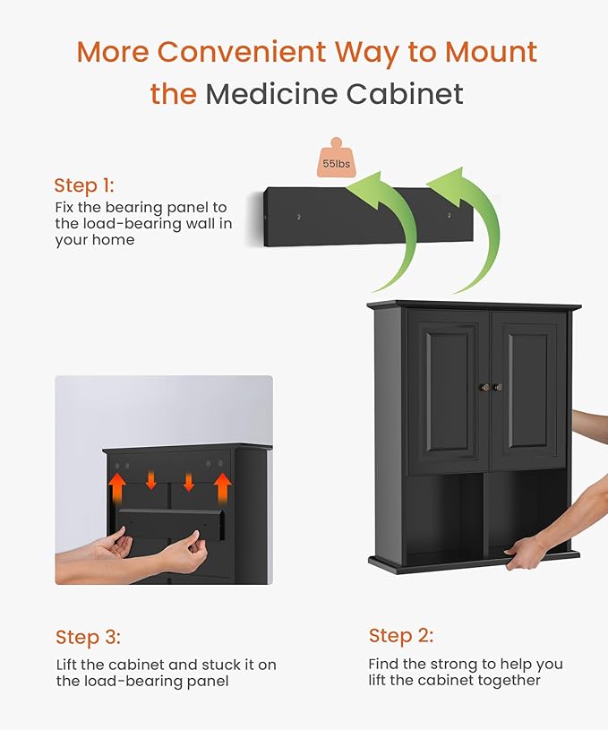 HAIOOU Bathroom Wall Cabinet with Motion Sensor LED Light, Wooden Medicine Cabinet Wall Mounted Cupboard, Over Toilet Storage Cabinet with Buffering Hinges and Adjustable Shelf - Black