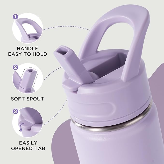 12oz Kids Water Bottle for School, Toddler Bottles with Straws, Stainless Steel Vacuum Insulated Water Bottle for Boys&Girls, Leak-Proof, BPA-Free, Purple
