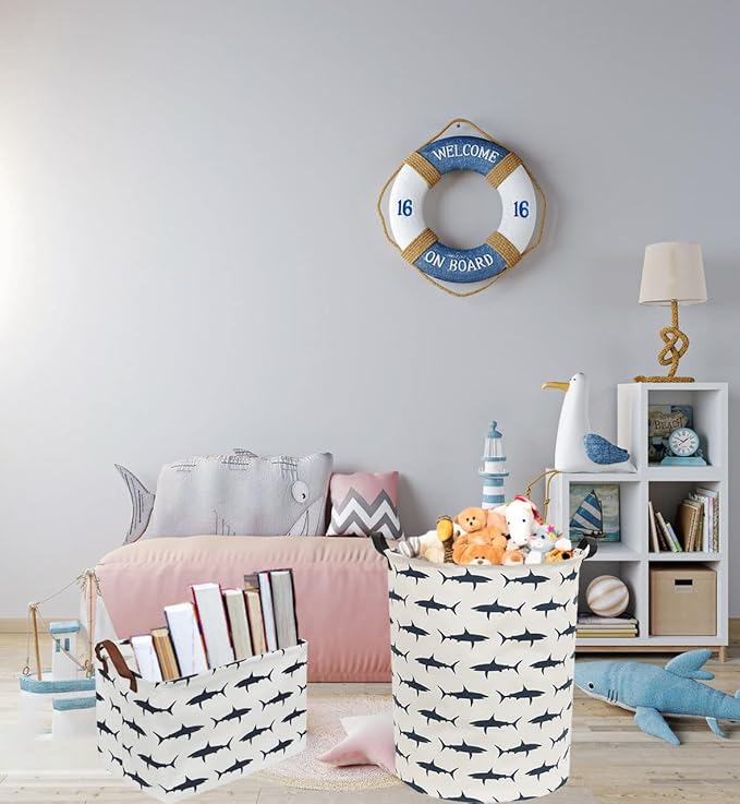 Kids Laundry Hamper,Canvas Shark Hamper Collapsible Boys Storage Baskets for Boys Room Decor,Nursery Hamper,Toy Organizer,(Shark)