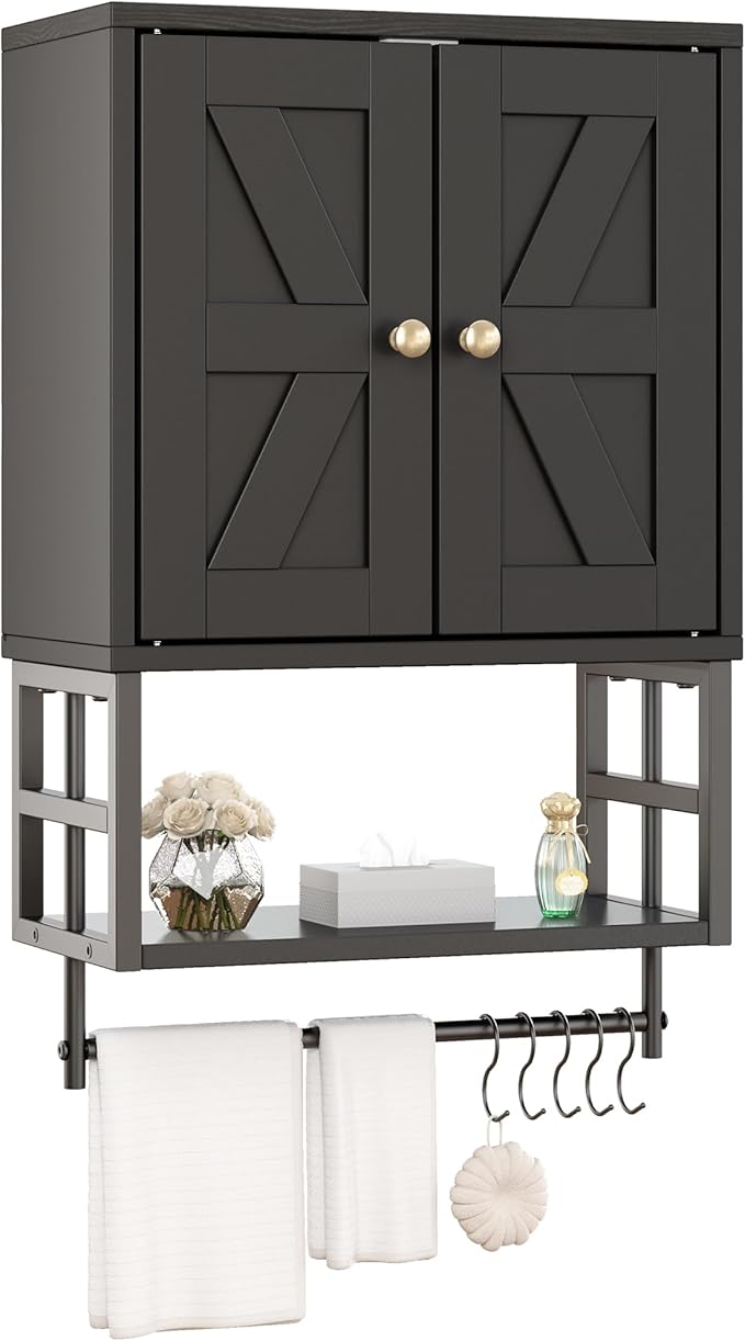 Farmhouse Medicine Cabinet - 3-Tier Wall Mounted Storage Organizer with Adjustable Shelves, Towel Bar, 5 Hooksfor Small Bathroom, Laundry Room, Over Toilet, Living Room, Bedroom (Black)