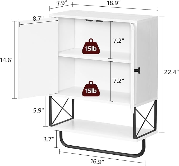 Bathroom Wall Cabinet with 2 Door and Adjustable Shelf, Farmhouse Medicine Cabinet with Towel Rack, 3-Tier Wall Mounted Storage Cabinet Over The Toilet for Bathroom, 18.9" L, White