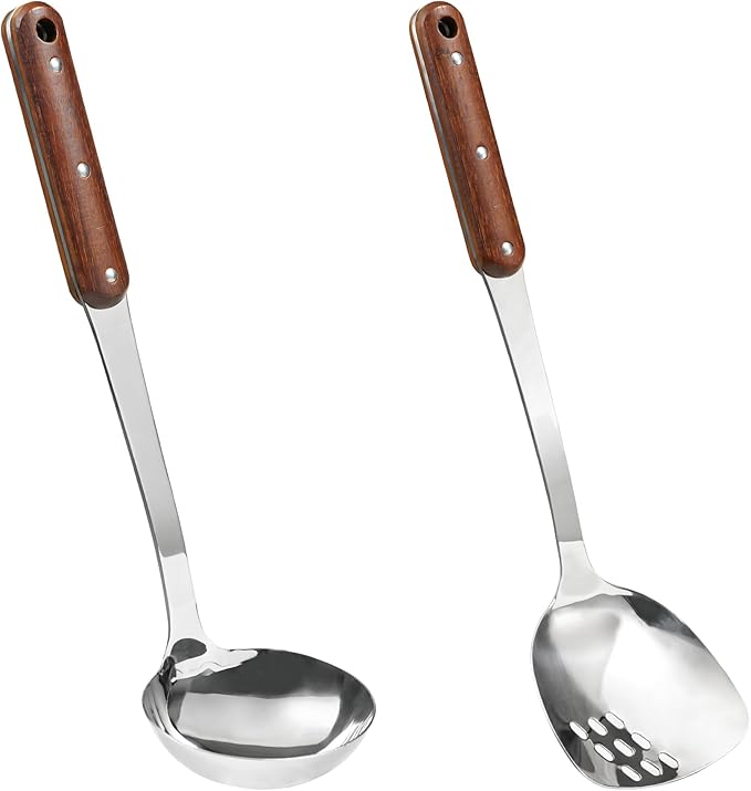 FJNATINH Stainless Steel Wok Spatula,Slotted Spatulas,Ladle,Skimmer Ladle Tool Set,Mirror Polished Cooking Utensils Kitchen Cookware, Pack of 4,Black