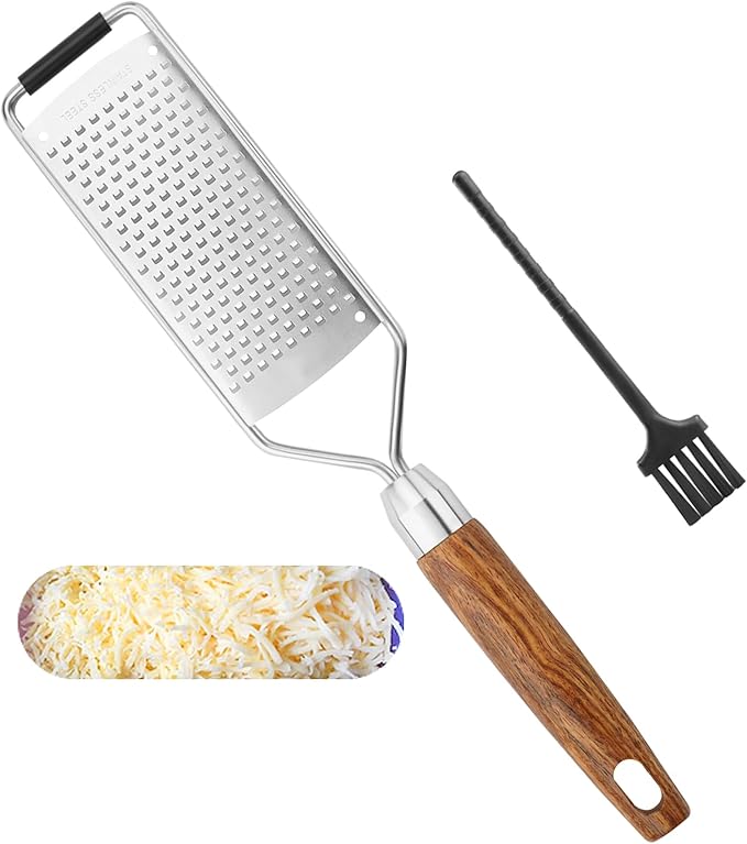 SHIKORI Stainless Steel Cheese Grater with Natural Wood Handle with a Brush