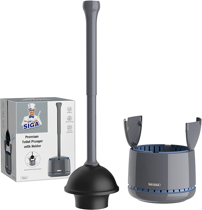 MR.SIGA Toilet Plunger with Holder, Plungers for Bathroom Heavy Duty, Gray