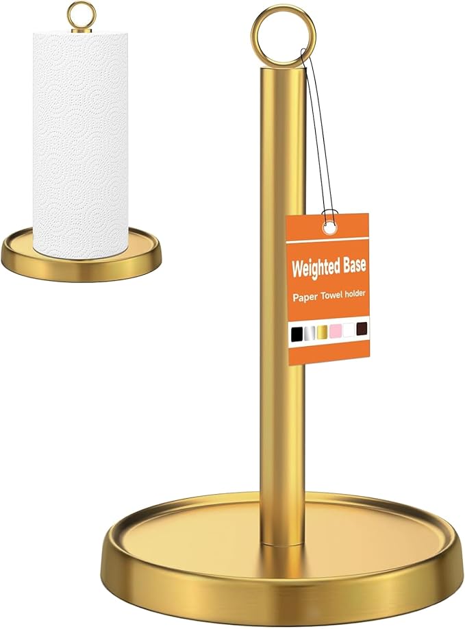 Gold Paper Towel Holder Countertop, Gold Kitchen Accessories Decor, Stainless Steel, Weighted Base, Paper Towel Stand for Bathroom Farmhouse Essentials