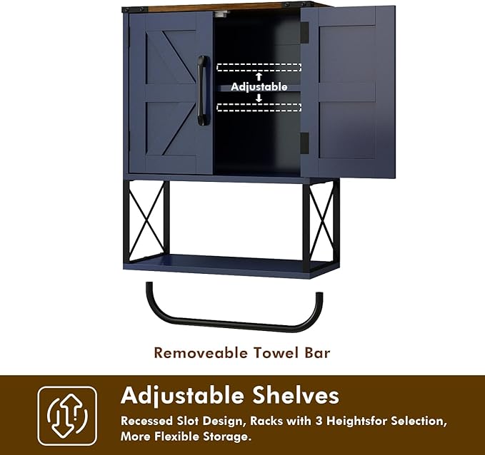 RUSTOWN Farmhouse Rustic Medicine Cabinet with Two Barn Door,Wood Wall Mounted Storage Cabinet w/Dark Brown Top & Adjustable Shelf and Towel Bar, 3-Tier Cabinet for Bathroom(Navy Blue)