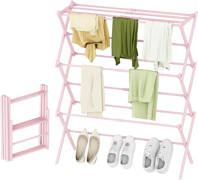Foldable Drying Rack Clothing, 3-Tier Portable Clothes Drying Racks for Indoor & Outdoor, Anti-Rust Compact Laundry Rack Collapsible, Pink 28" D x 10" W x 35" H