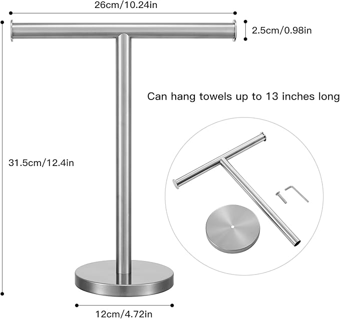 T-Shape Bath Hand Towel Holder Standing, SUS304 Stainless Steel Brushed Nickel T-Shape Towel Bar Rack Stand with Heavy Base, Tower Bar for Bathroom Kitchen & Countertop, 2 Pack