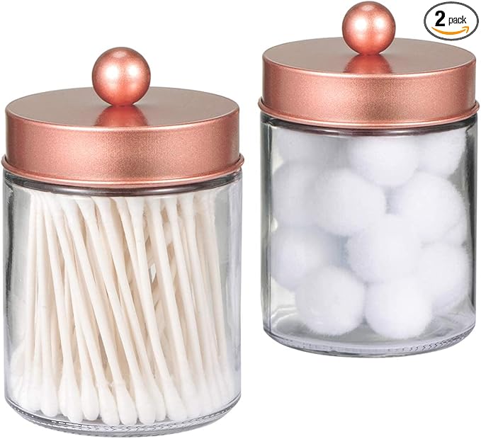 Amolliar Apothecary Jars Bathroom Storage Organizer -Countertop Storage Organizer Canister - Attractive Qtip Dispenser Holder Glass with Lid- for Cotton Swabs,Bath Salts,Hair Band / 2-Pack(Rose Gold)