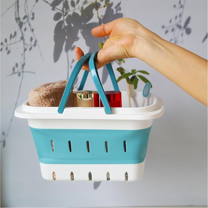 2 Pack Portable Folding Plastic Shower Caddy Basket, Perforated, Travel Bathroom Organizer for Bedroom, Shower, Collage Dorm Room, Camping and RV Use (Blue, 2 pack)