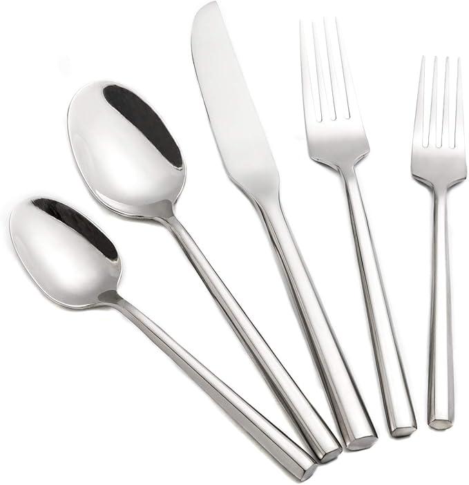 Kelenfer Hand Forged Stainless Steel Flatware Set Silverware Set Cutlery Set Hexagon Handle 5 Pieces Service for 1