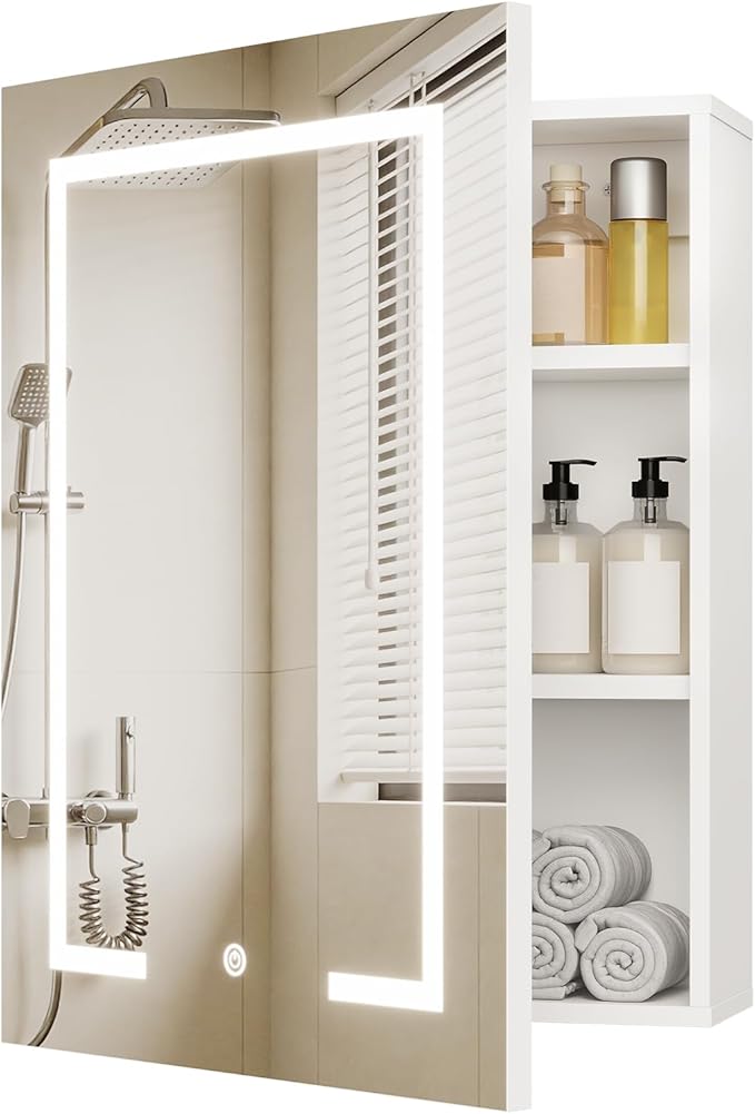LED Lighted Bathroom Medicine Cabinet with Mirror, Bathroom Vanity Mirror with Storage, Wall-Mounted Storage Cabinet with Adjustable Shelves, Touch-Sensitive Control, 3 Color Lighting, White