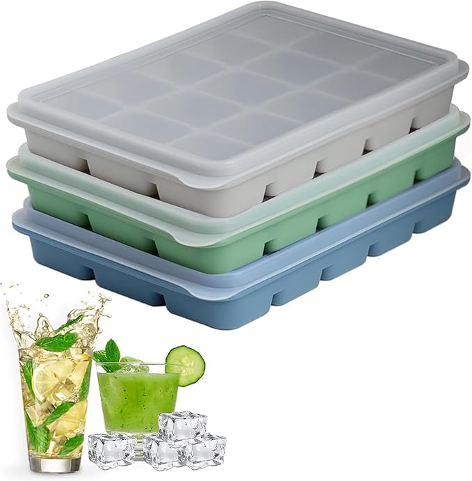 Silicone Ice Cube Trays with Removable Lid, Blue, Set of 3